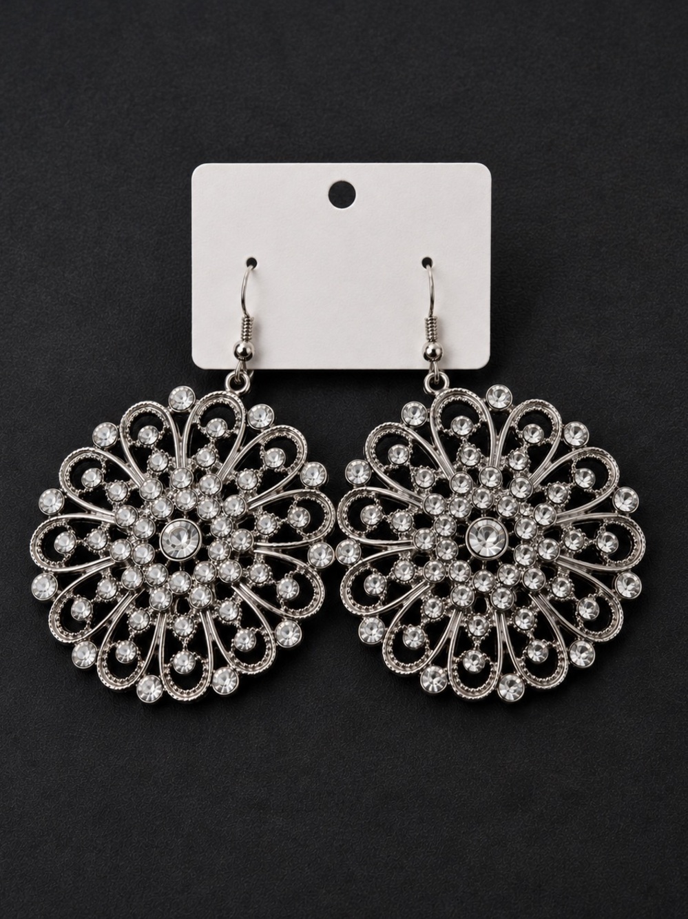 Vintage Crystal Filigree Floral Statement Dangle Earrings Silver - Picture 6 of 6